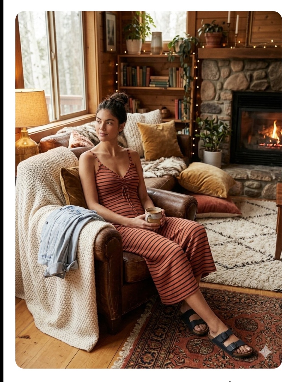 Oak & Fort Soft Knit Rust-Creme Stripe Romper-Wide Leg -EUC -Sz S 🍂